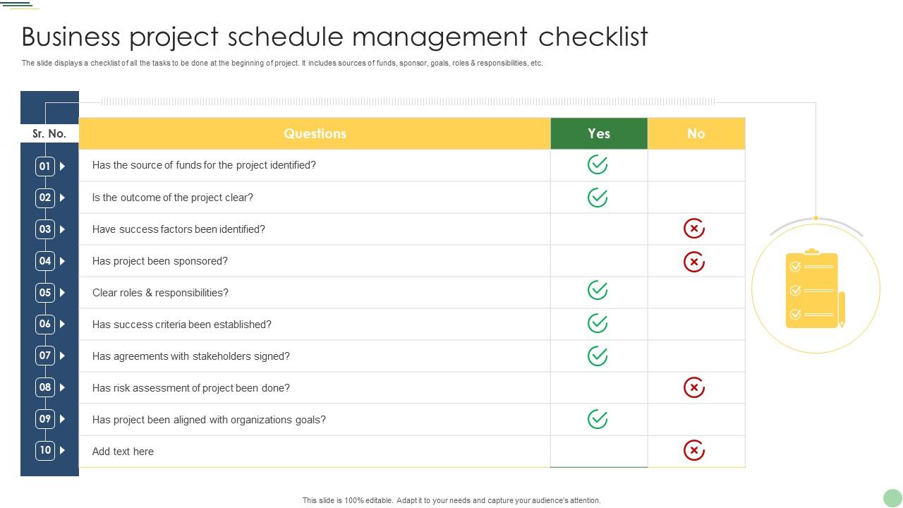 Business Project Schedule Management Checklist PPT Layout