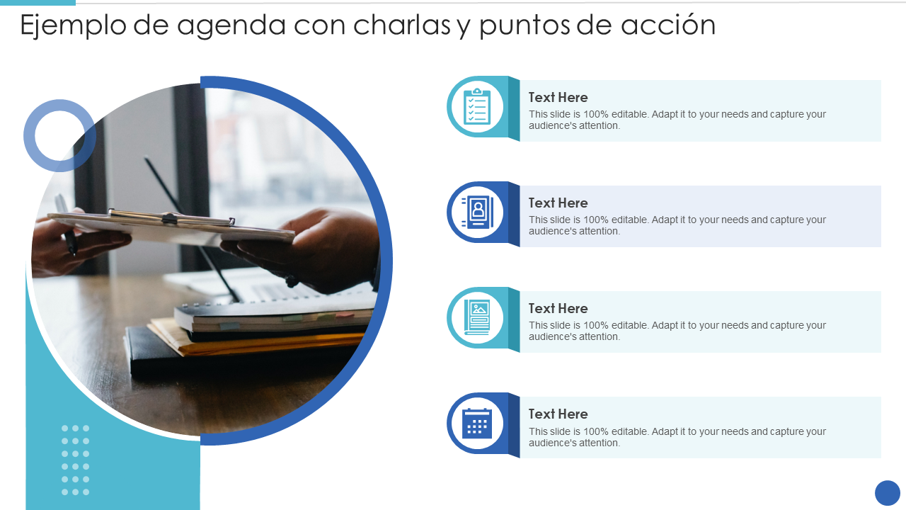 Ejemplo de agenda con charlas y puntos de acción Ejemplo de agenda con charlas y puntos de acción