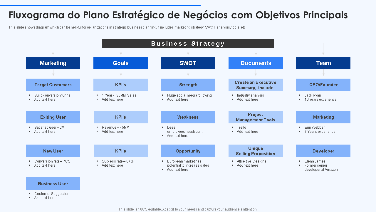 Fluxograma do Plano Estratégico de Negócios com Objetivos Principais 
