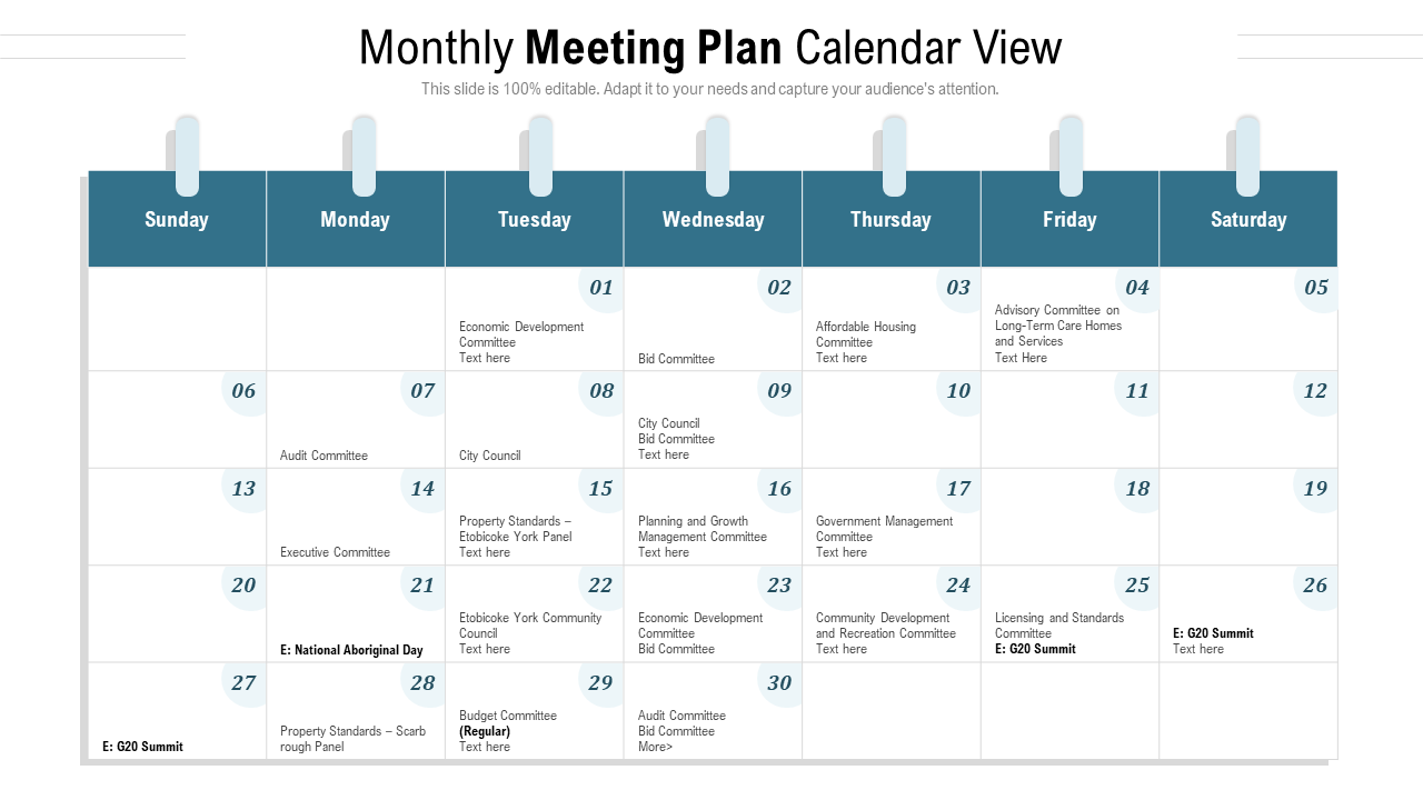 Monthly Meeting Plan Calendar Presentation Template