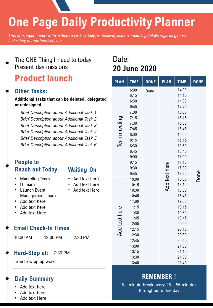 One Page Daily Productivity Planner