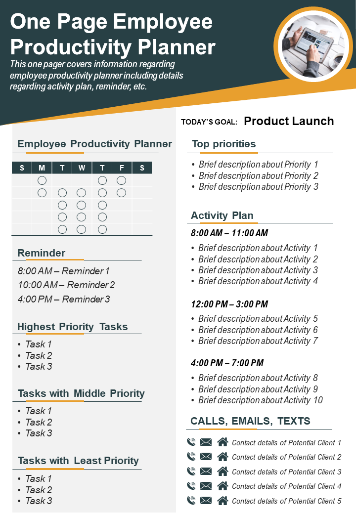 One Page Employee Productivity Planner