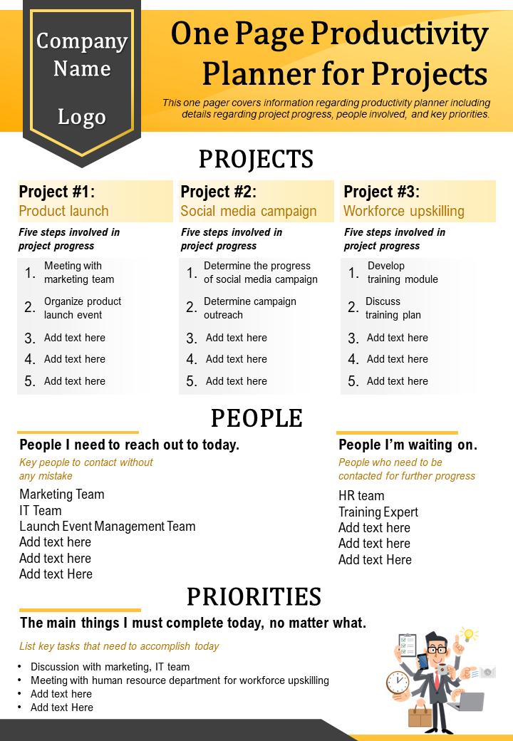 One Page Productivity Planner for Projects