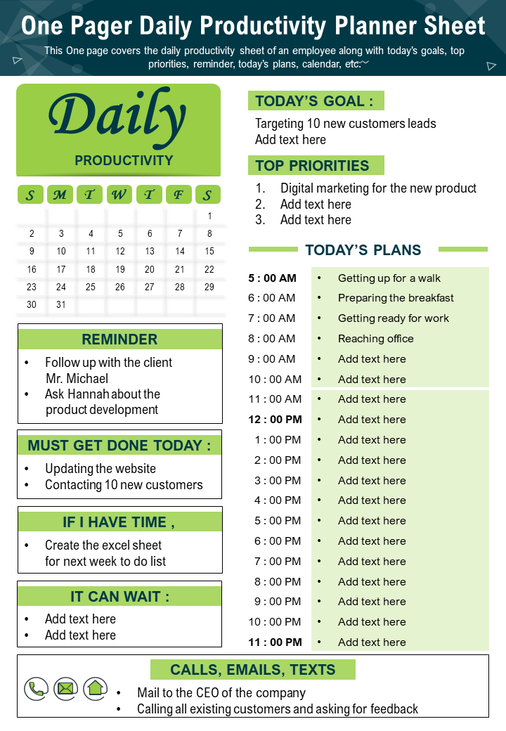 One Pager Daily Productivity Planner Sheet