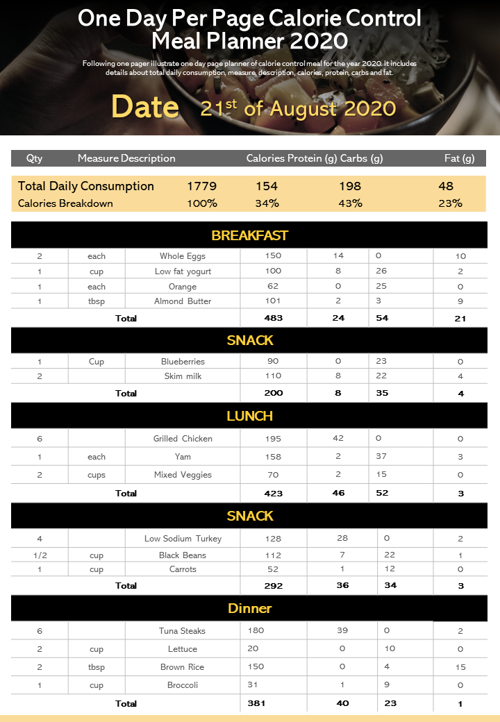 One day per page calorie control meal planner