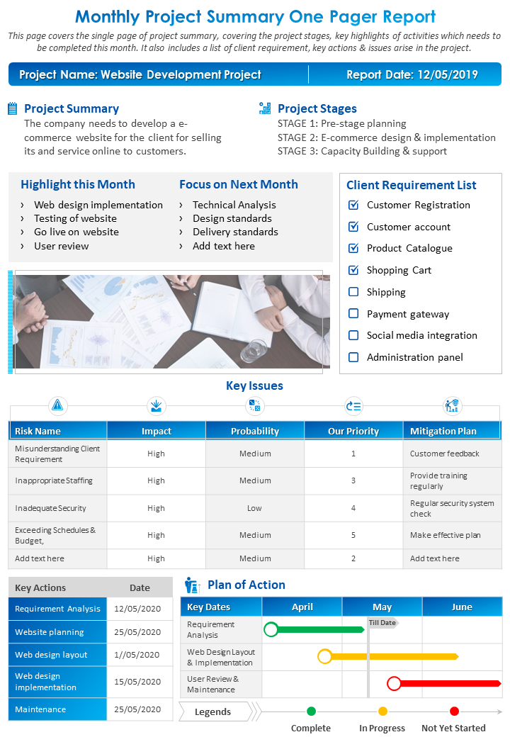 One-page Monthly Project Summary Presentation Template