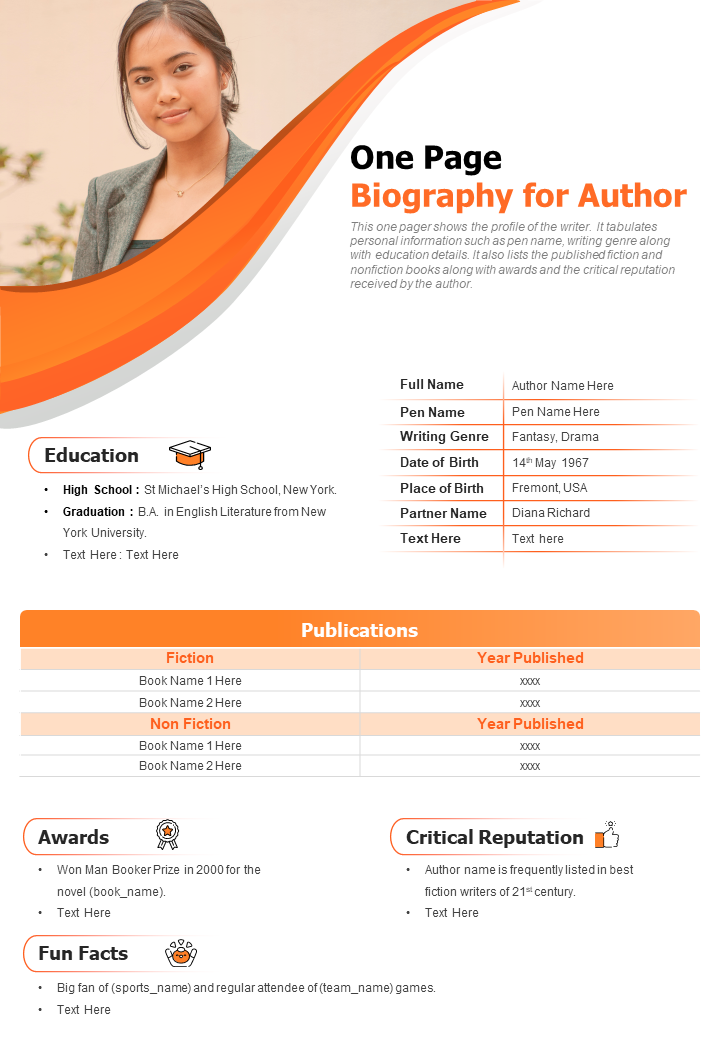 One page biography for author presentation report