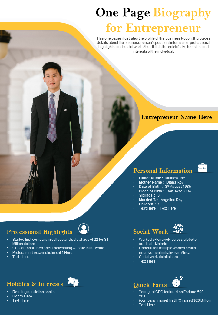 One page biography for entrepreneur presentation report
