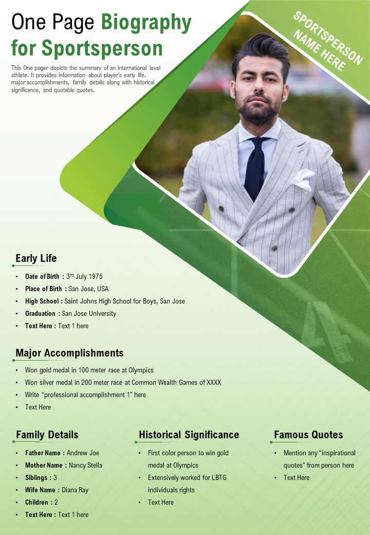 One page biography for sportsperson presentation report