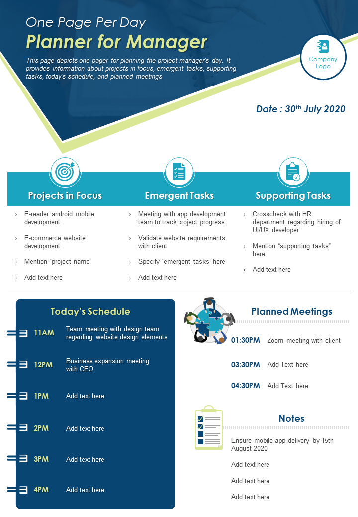 One page per day planner for manager presentation report