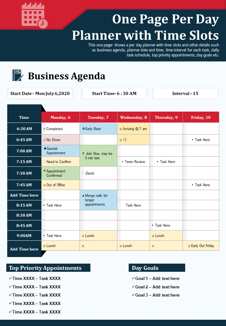 One page per day planner with time slots presentation report