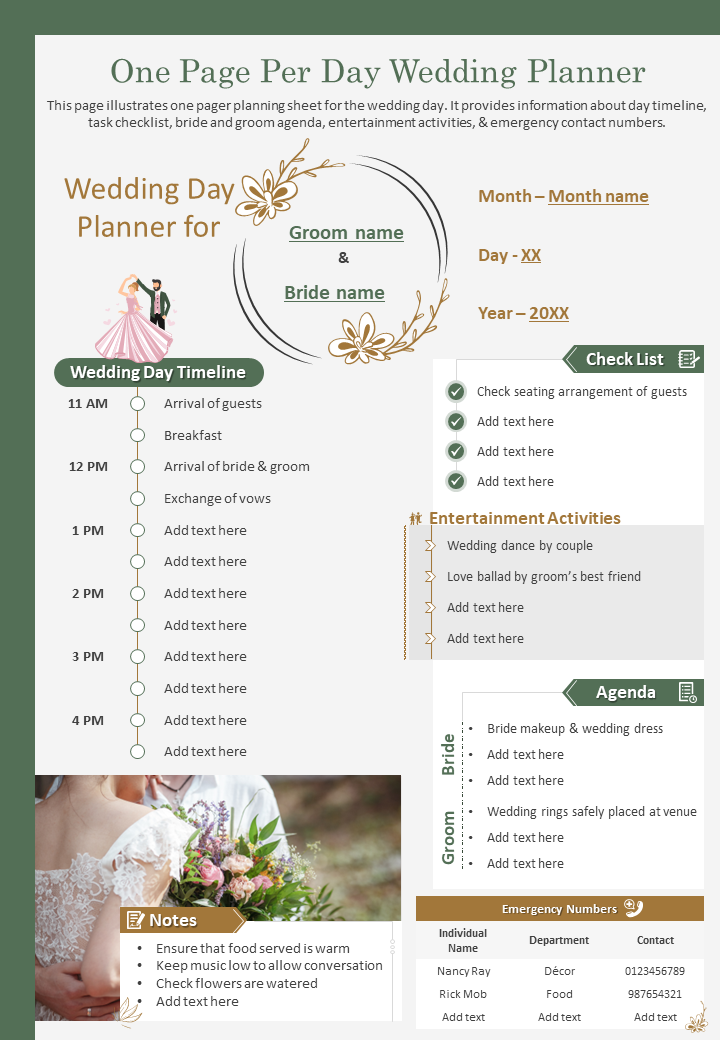One page per day wedding planner presentation report