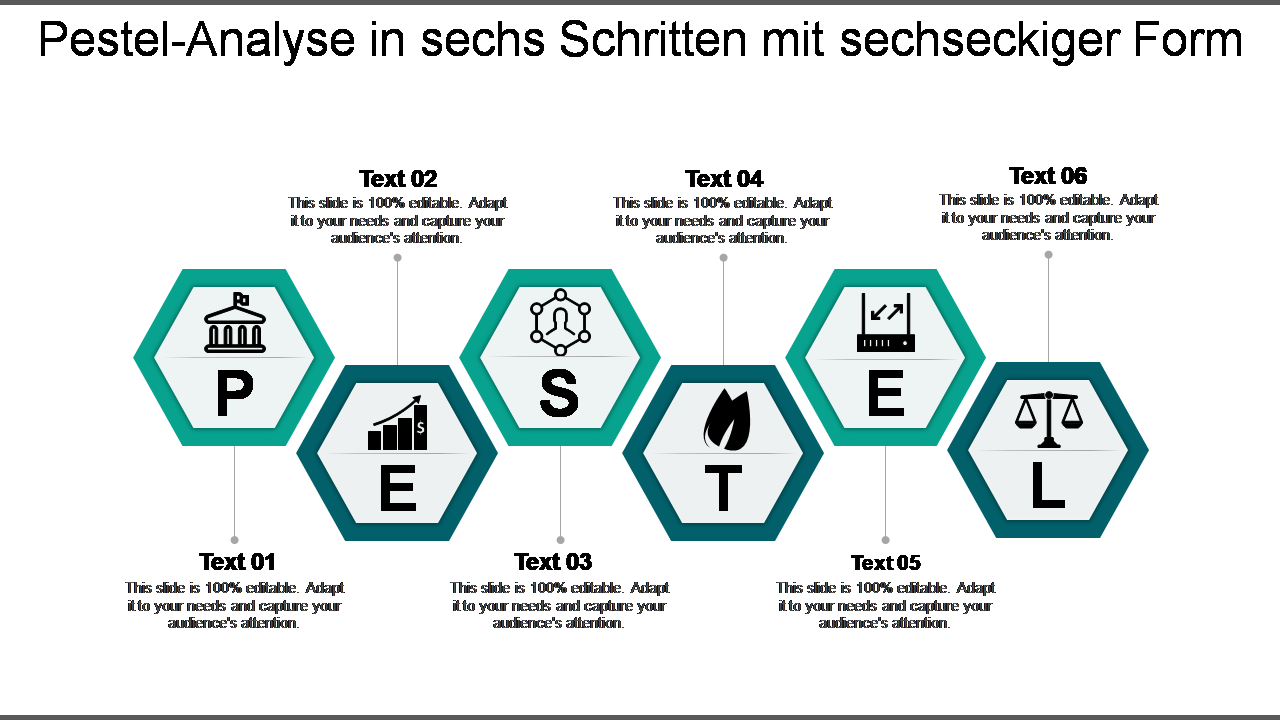 Pestel-Analyse in sechs Schritten mit sechseckiger Form Pestel-Analyse in sechs Schritten mit sechseckiger Form