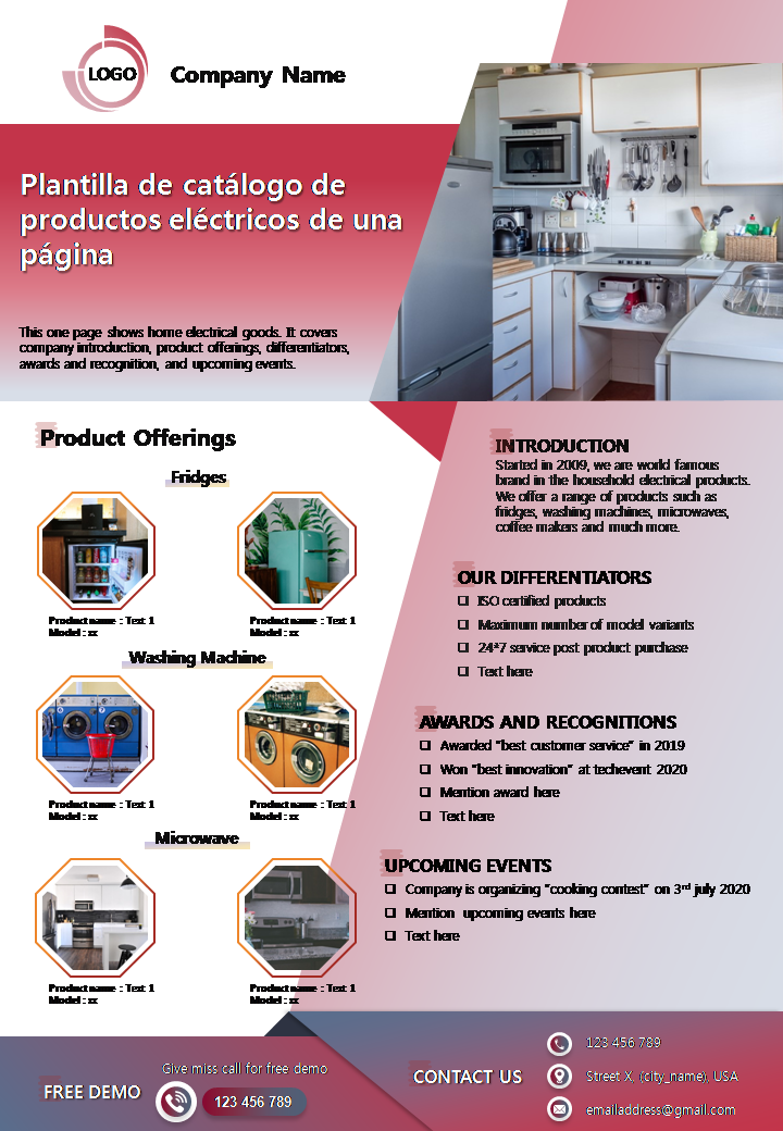 Plantilla de cat&aacute;logo de productos el&eacute;ctricos de una p&aacute;gina 