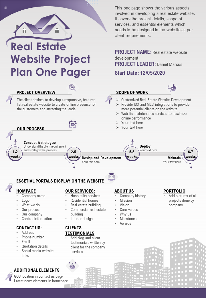 Real Estate Website Project Plan One Pager