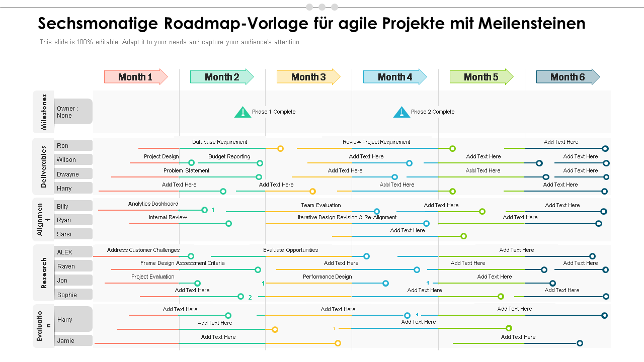 Sechsmonatige Roadmap-Vorlage für agile Projekte mit Meilensteinen 
