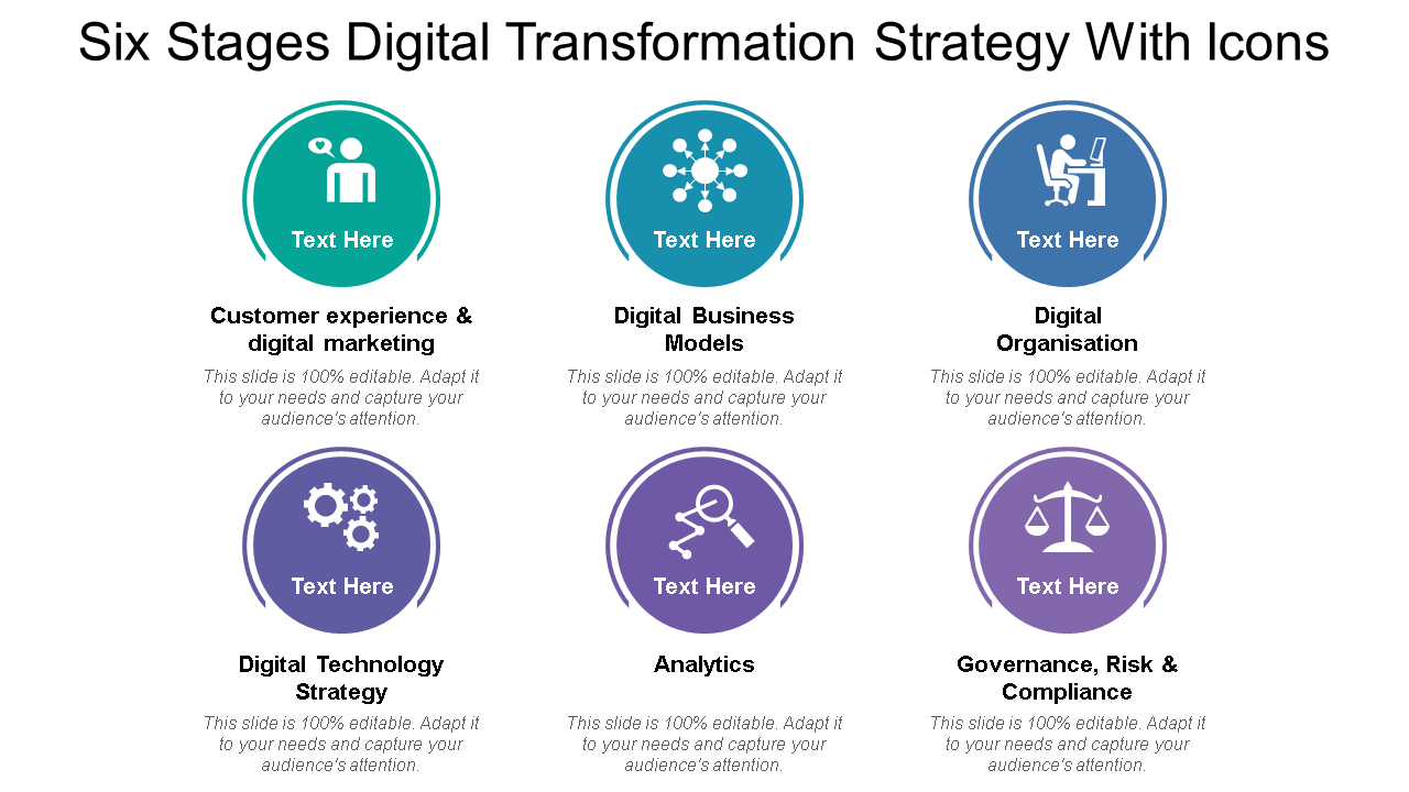 Six Stages Digital Transformation Strategy With Icons 