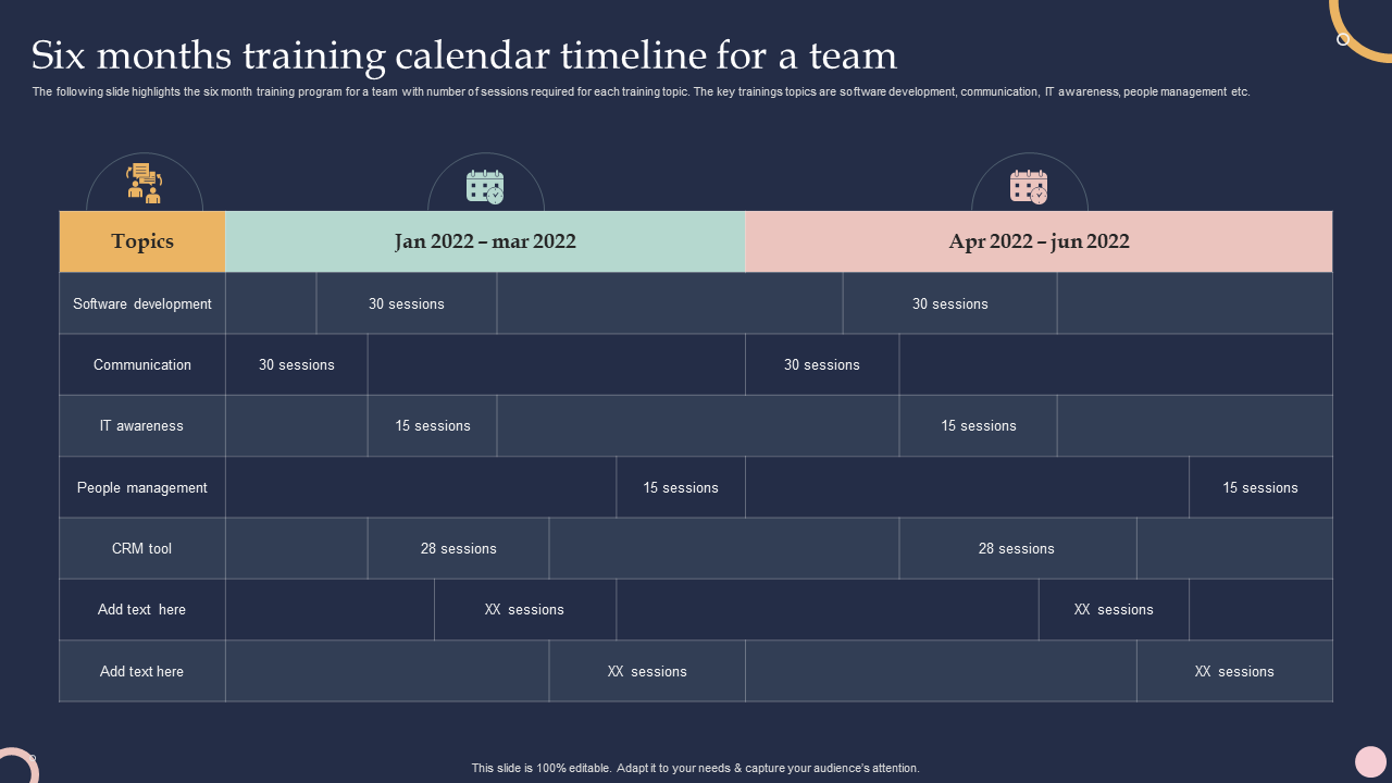 Six months training calendar timeline for a team