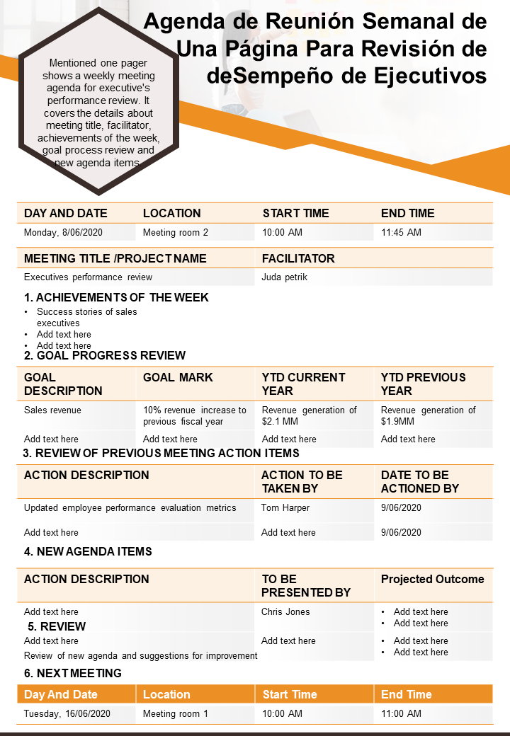 Agenda de reunión semanal de una página para revisión de desempeño de ejecutivos Agenda de reunión semanal de una página para revisión de desempeño de ejecutivos