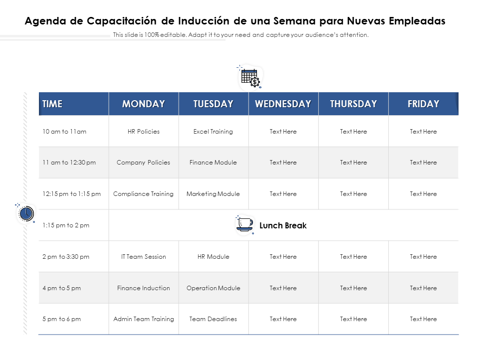 Agenda de capacitación de inducción de una semana para nuevas empleadas Agenda de capacitación de inducción de una semana para nuevas empleadas