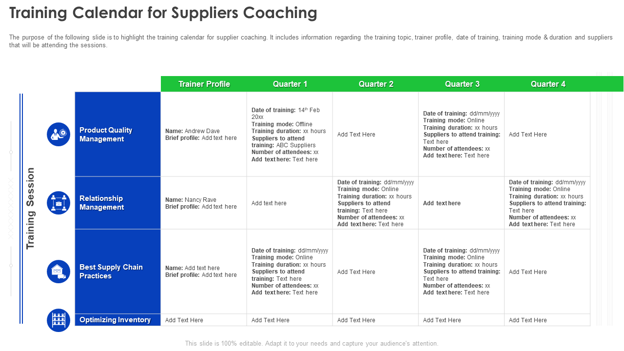 Training Calendar for Suppliers Coaching