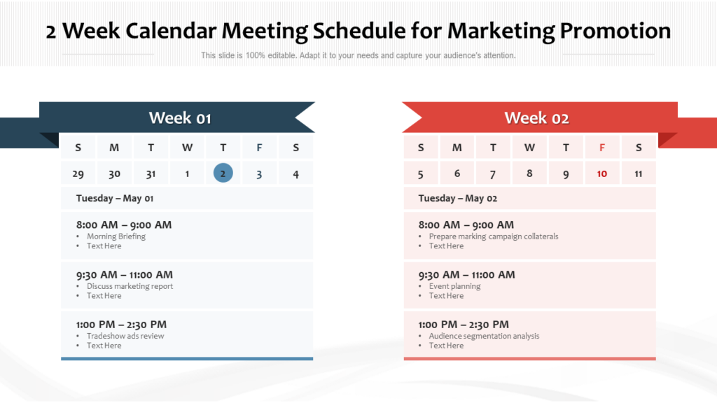 2-week Calendar for Meeting Marketing Schedule Slide