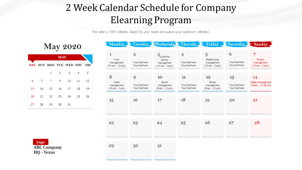 2-week eLearning Program Calendar PPT Template