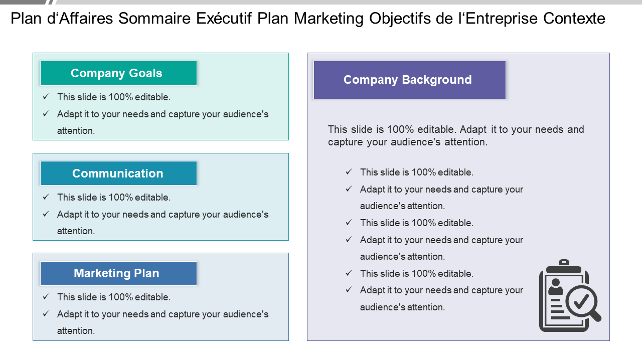 Plan d'affaires Sommaire exécutif Plan marketing Objectifs de l'entreprise Contexte