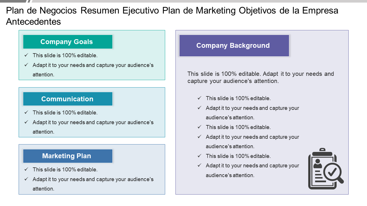 Plan de negocios Resumen ejecutivo Plan de marketing Objetivos de la empresa Antecedentes