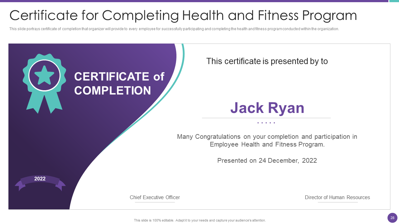 Certificate for Completing Health and Wellness Program Template