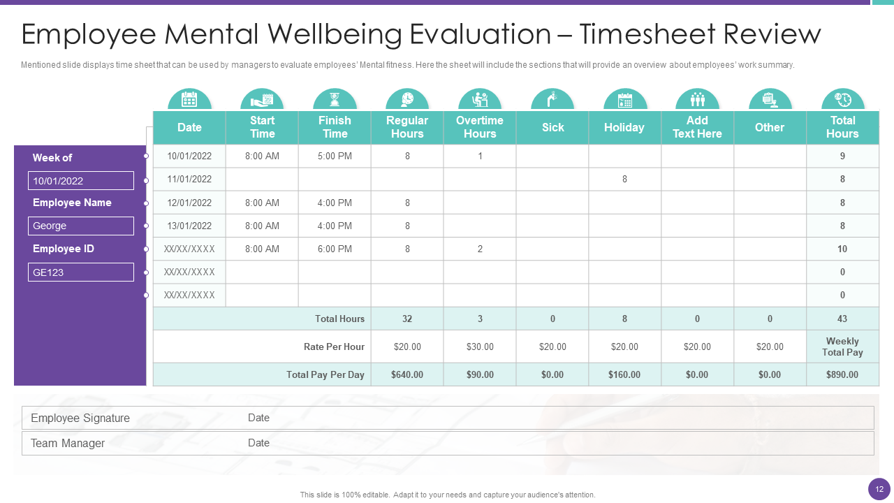 Employee Mental Well Being Evaluation Timesheet Template