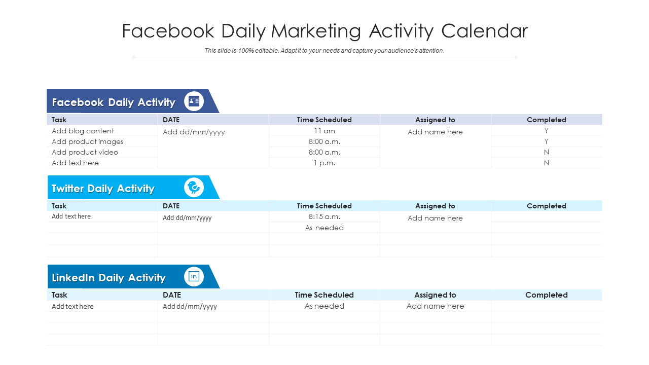 Facebook Daily Marketing Activity Calendar