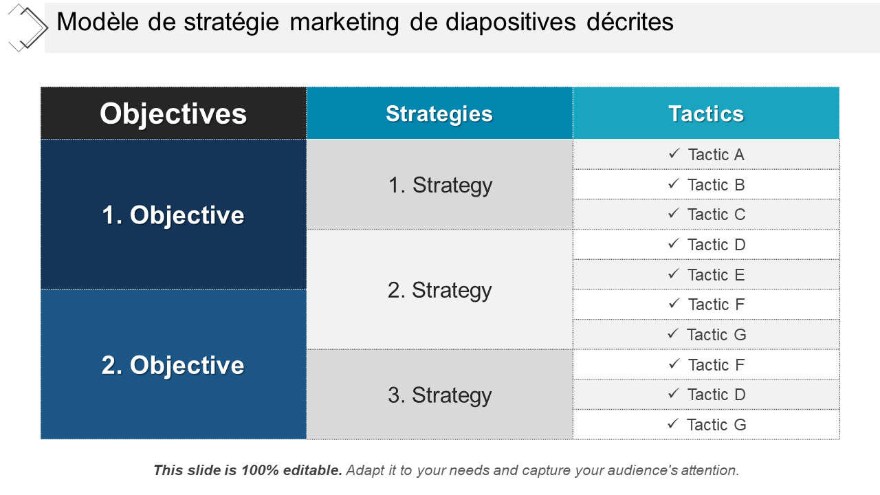 Modèle de stratégie marketing de diapositives décrites 