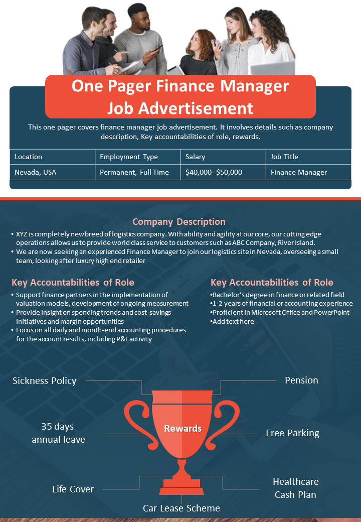 One Pager Finance Manager Job Advertisement
