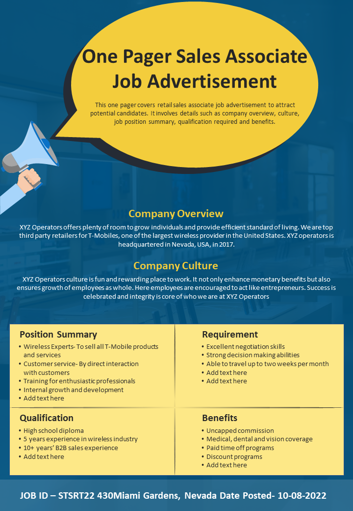 One Pager Sales Associate Job Advertisement 