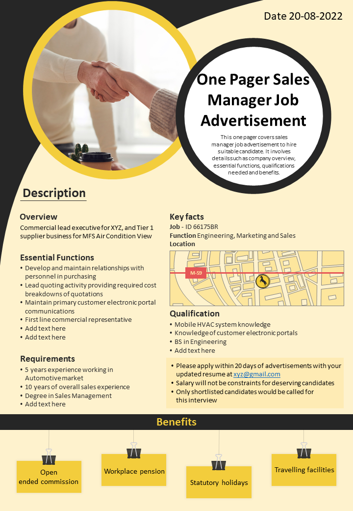 One Pager Sales Manager Job Advertisement