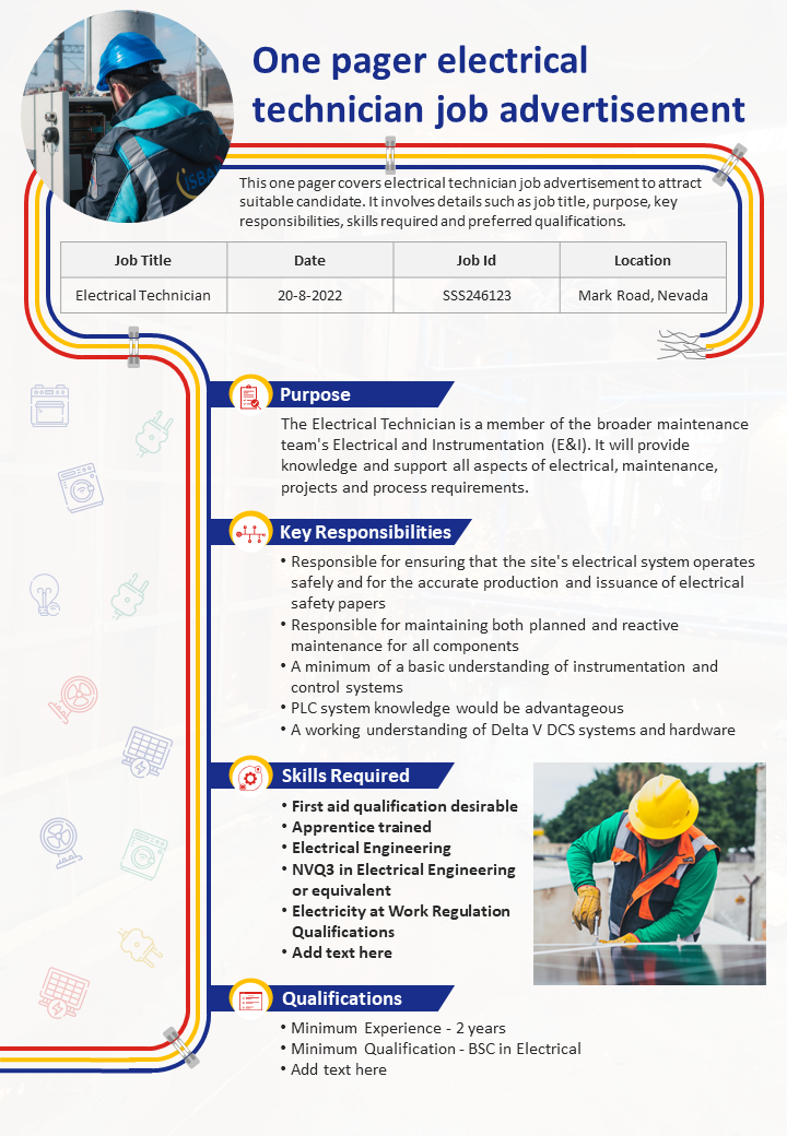 One pager electrical technician job advertisement
