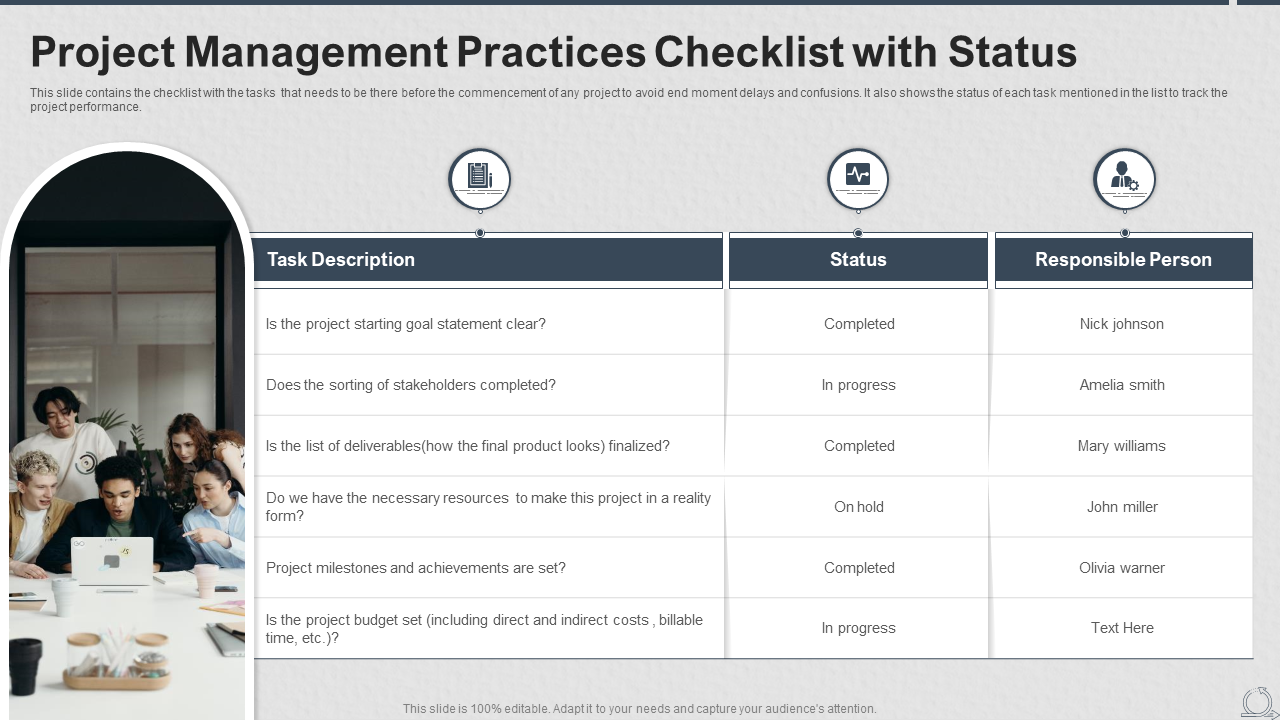 Project Management Practices Checklist with Status