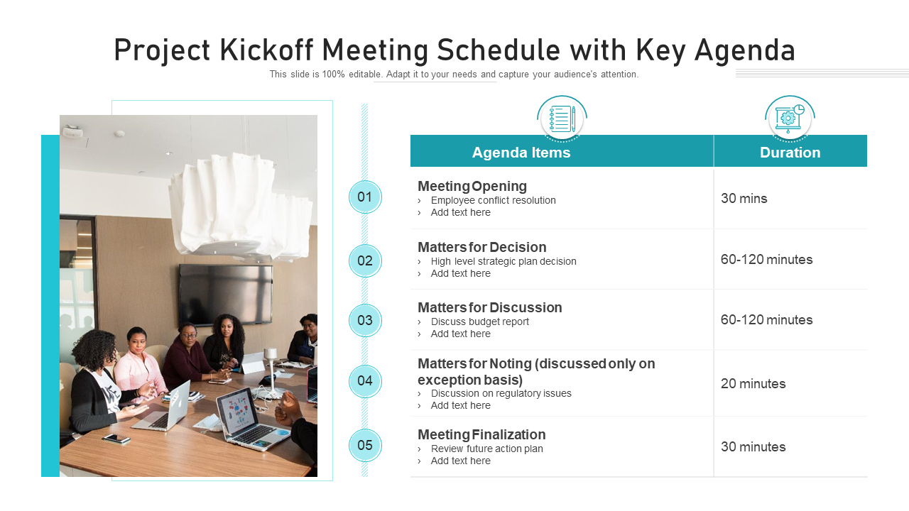 Project kickoff meeting schedule with key agenda