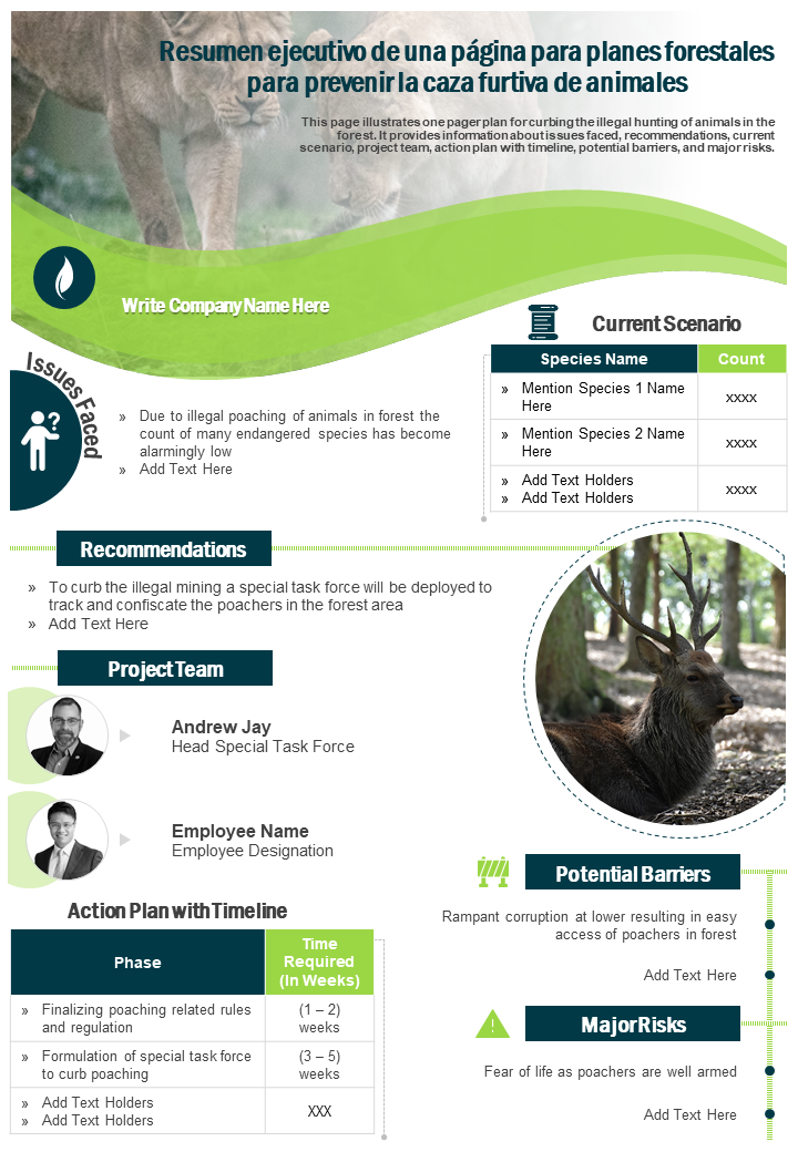 Resumen ejecutivo de una página para planes forestales para prevenir la caza furtiva de animales 