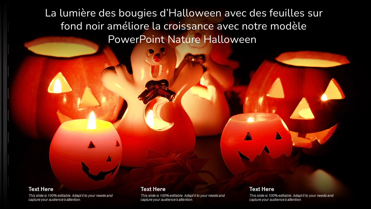 La lumière des bougies d’Halloween avec des feuilles sur fond noir améliore la croissance avec notre modèle PowerPoint Nature Halloween 