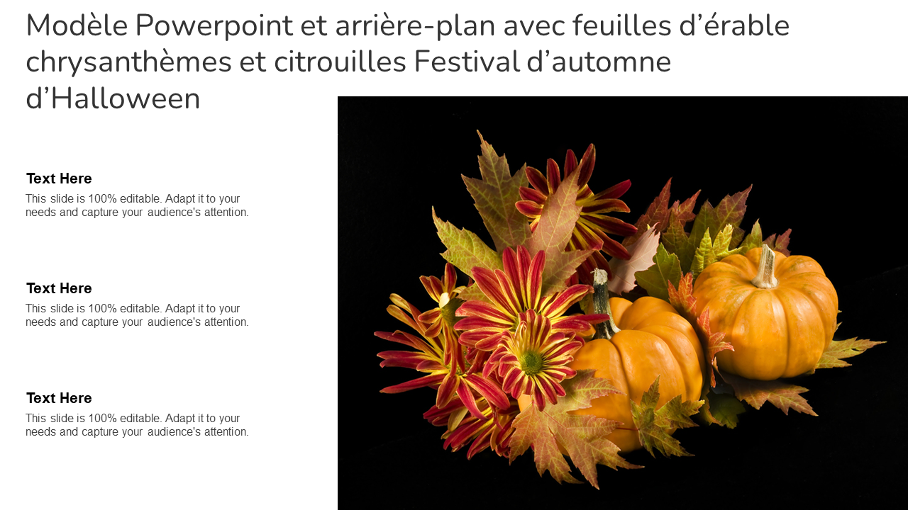 Modèle Powerpoint et arrière-plan avec feuilles d’érable chrysanthèmes et citrouilles Festival d’automne d’Halloween