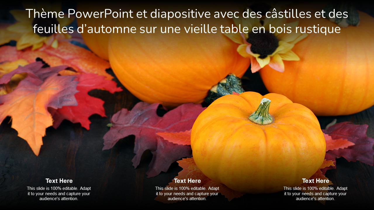 Thème PowerPoint et diapositive avec des câstilles et des feuilles d’automne sur une vieille table en bois rustique