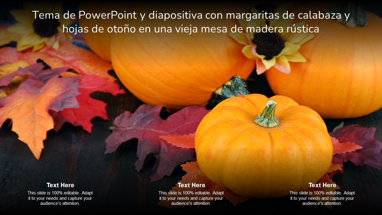 Tema de PowerPoint y diapositiva con margaritas de calabaza y hojas de otoño en una vieja mesa de madera rústica