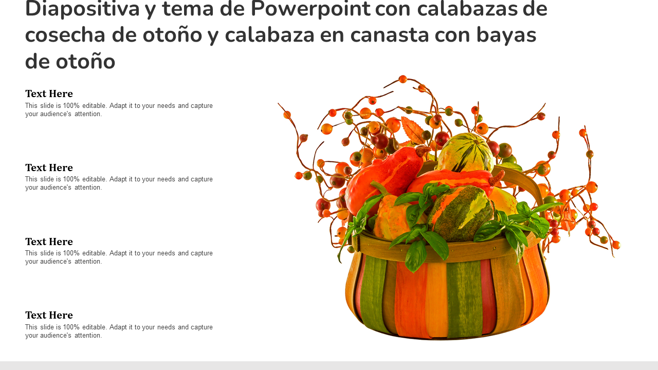 Diapositiva y tema de Powerpoint con calabazas de cosecha de otoño y calabaza en canasta con bayas de otoño
