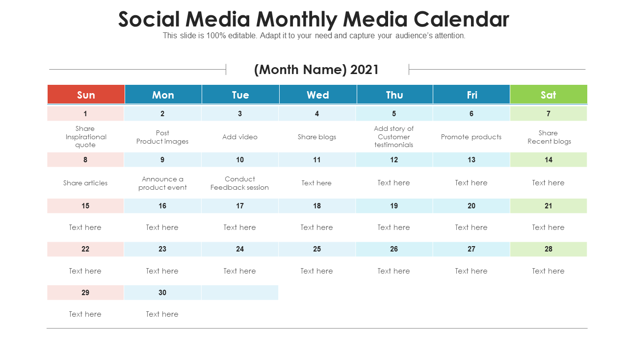 Social Media Monthly Media Calendar