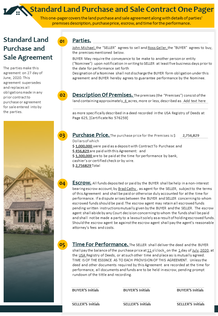 Standard Land Purchase and Sale Contract One Pager