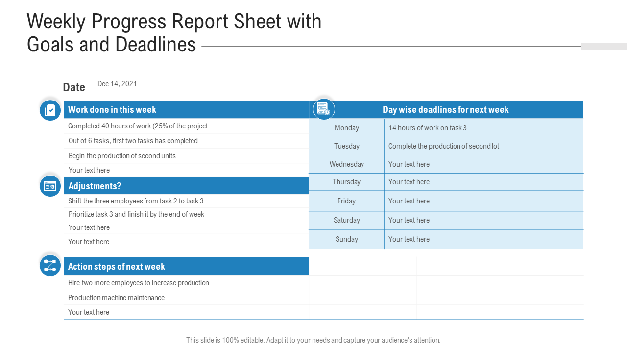 Weekly Progress Report Sheet with Goals and Deadlines
