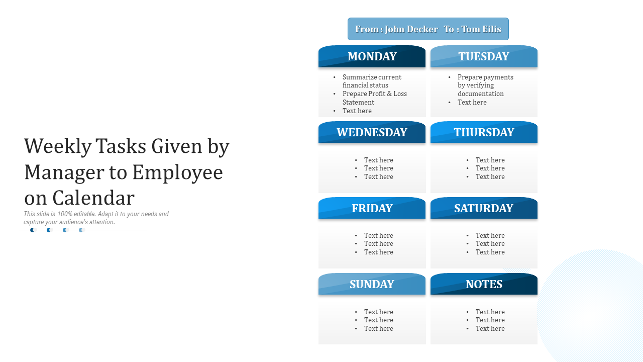 Weekly Tasks Given by Manager to Employee on Calendar