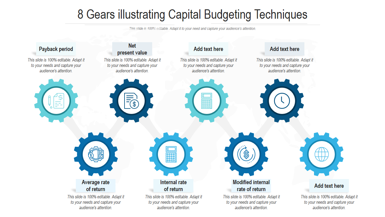8 Gears illustrating Capital Budgeting Techniques 